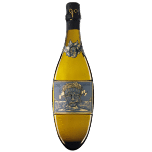 Botella de Kripta Cava Brut Nature con forma de ánfora y etiqueta con rostro